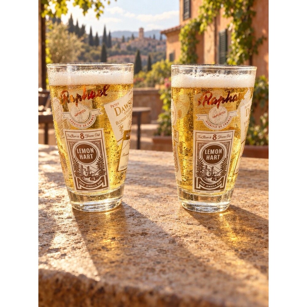 Vintage 1960s 22K Gold Liquor Label Glasses St Raphael Lemon Hart Set of 2